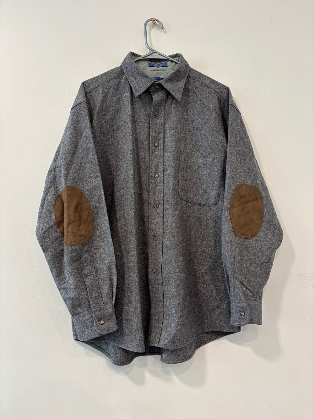 Pendleton Vintage Wool Shirt Mens Large Heather Gray Elbow Patches Made in USA